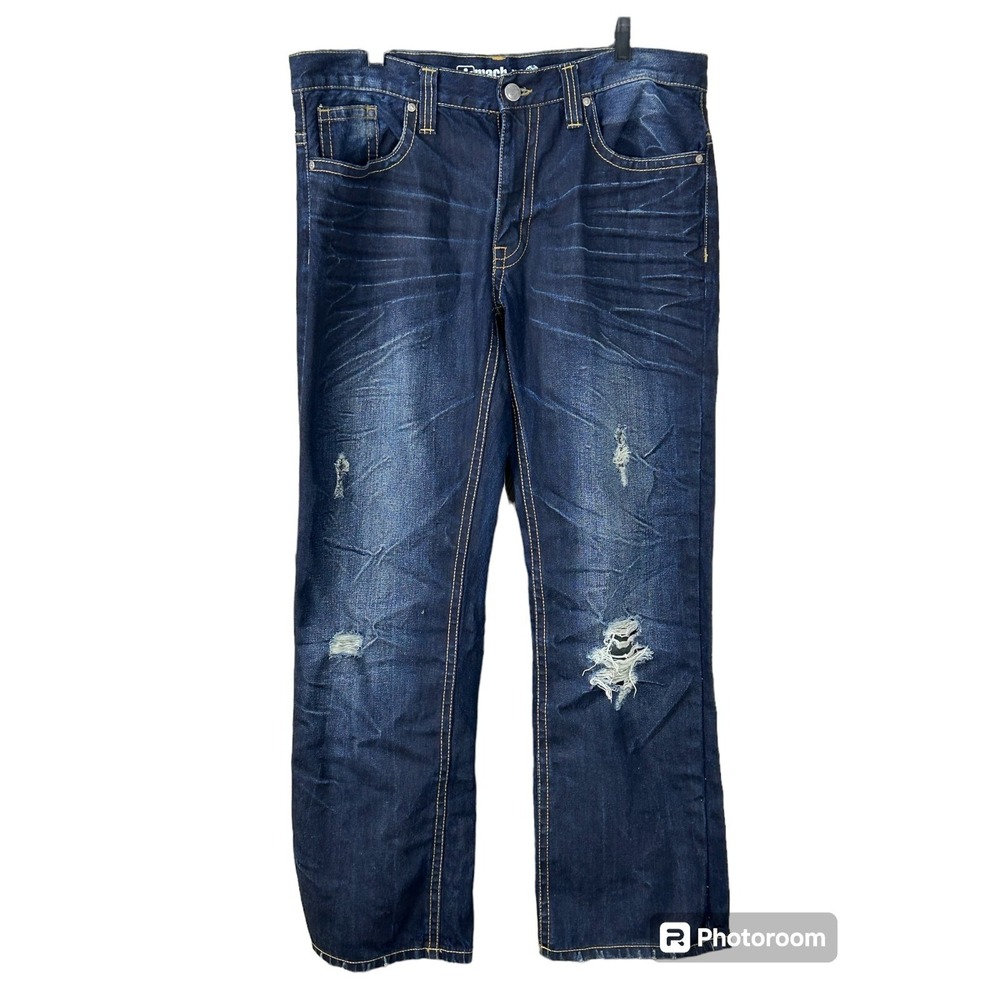 Machine Men Dark Blue Jean Sz 38x32 Distressed Straight Leg Relaxed Fit Denim T4
